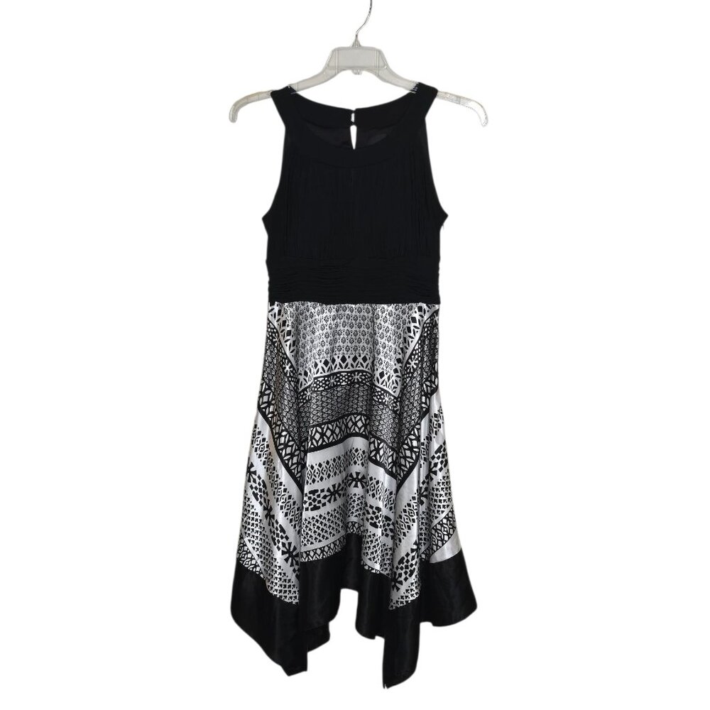 Black White Geometric Fit Flare Dress Womens Sleeveless Handkerchief Hem Midi 14